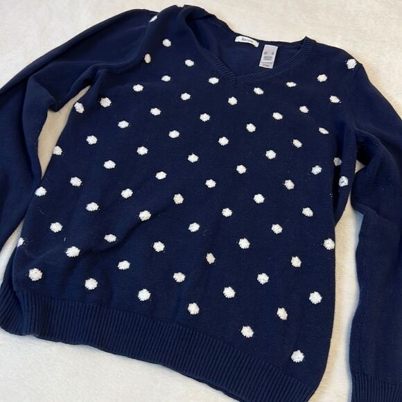 LIZ & CO V-Neck Navy with White Polka Dots Sweater - Size XL - Picture 1 of 8